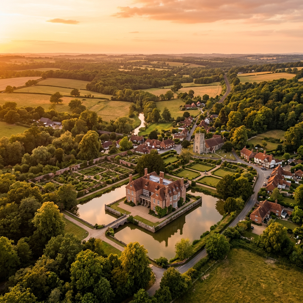 Aerial view of Groombridge, East Sussex at golden hour
