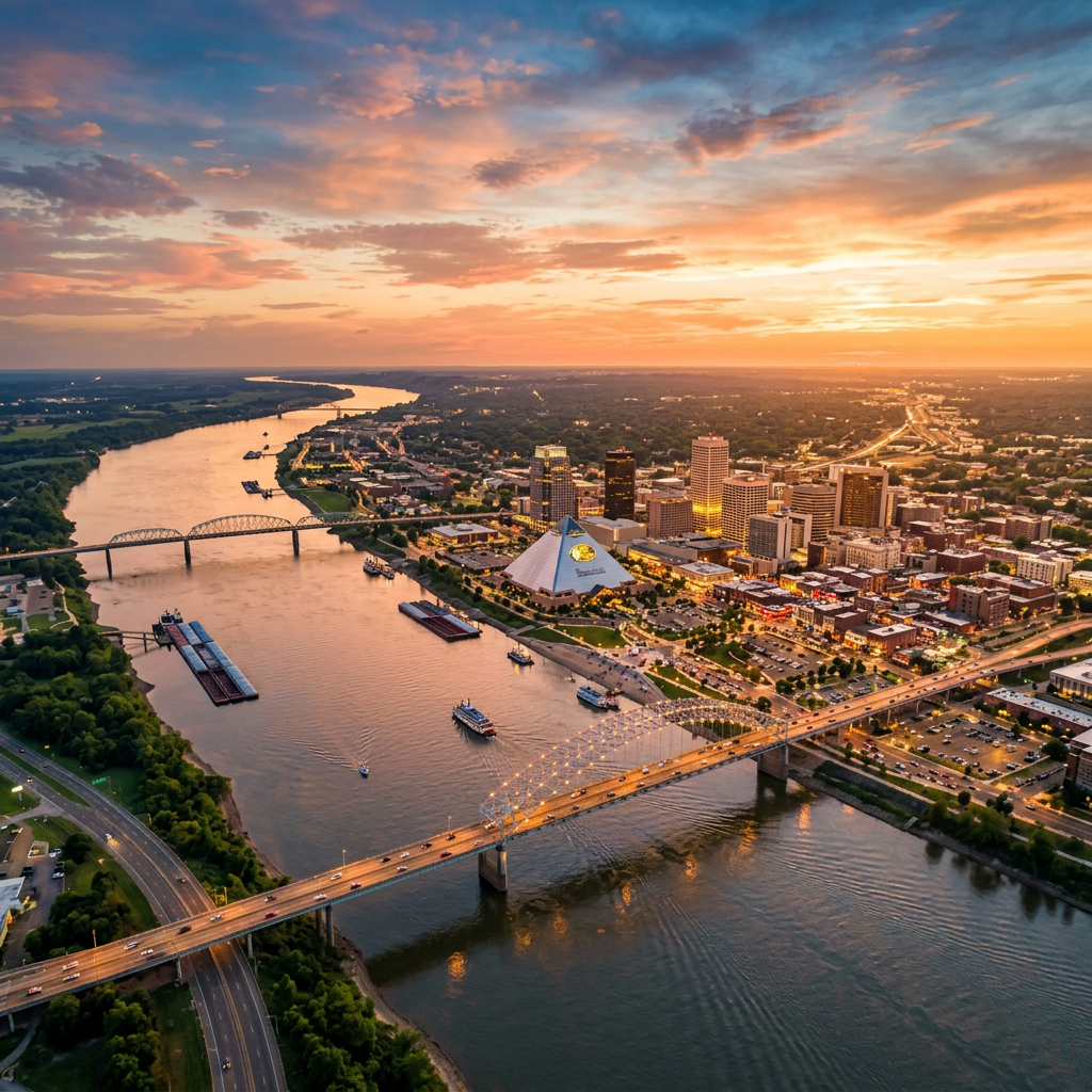 Aerial view of Memphis Tennessee Beale Street and Mississippi River at golden hour