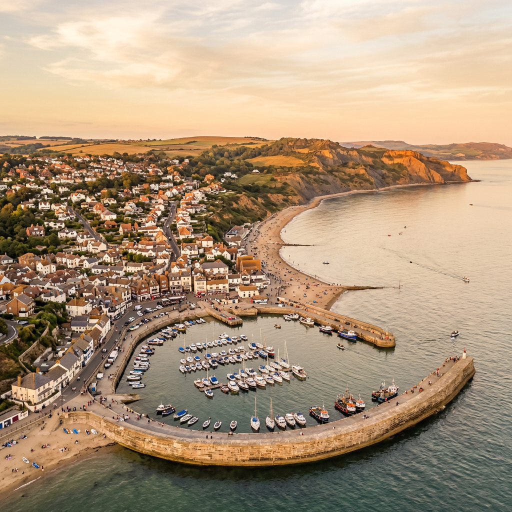 Aerial view of Lyme Regis, Dorset with The Cobb at golden hour