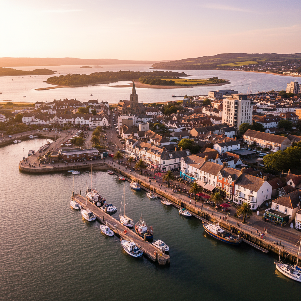 Aerial view of Poole Harbour, Dorset at golden hour