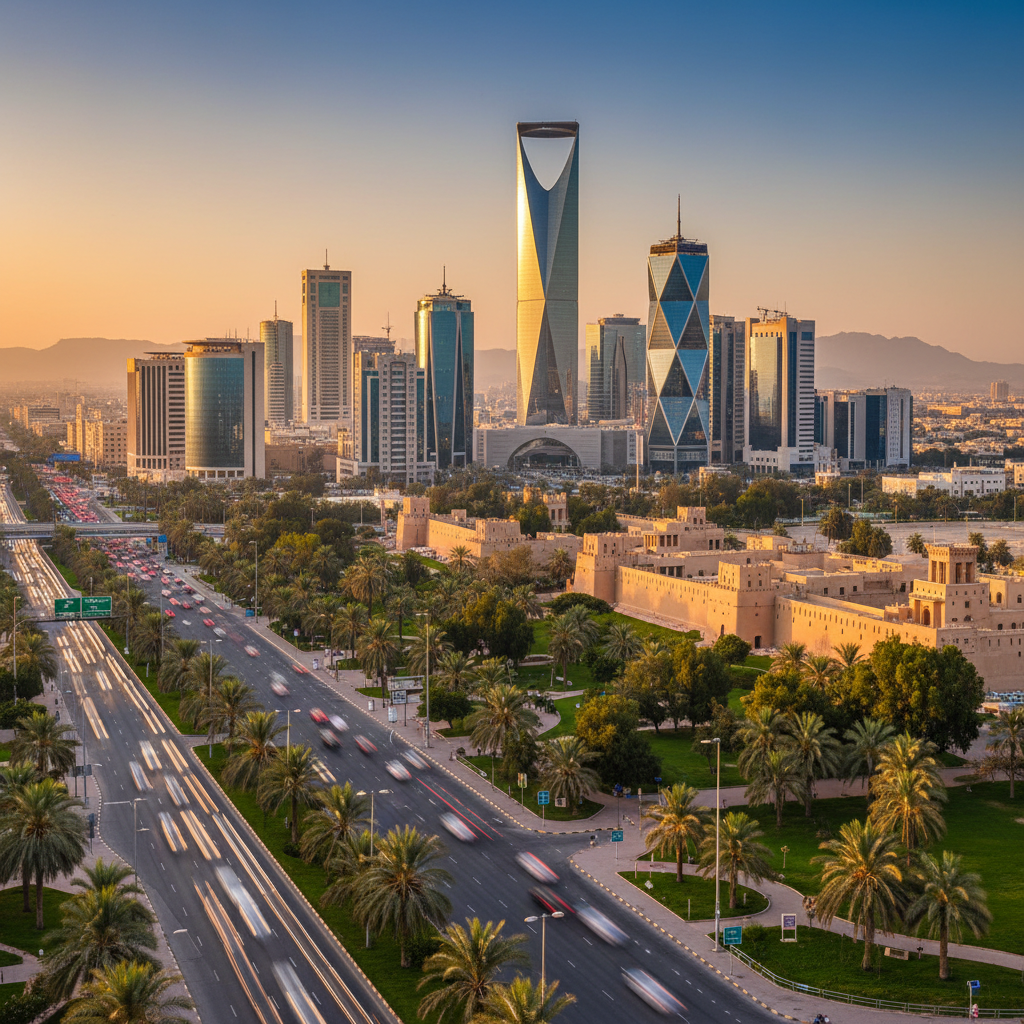 Stunning skyline of Riyadh, Saudi Arabia at sunset.