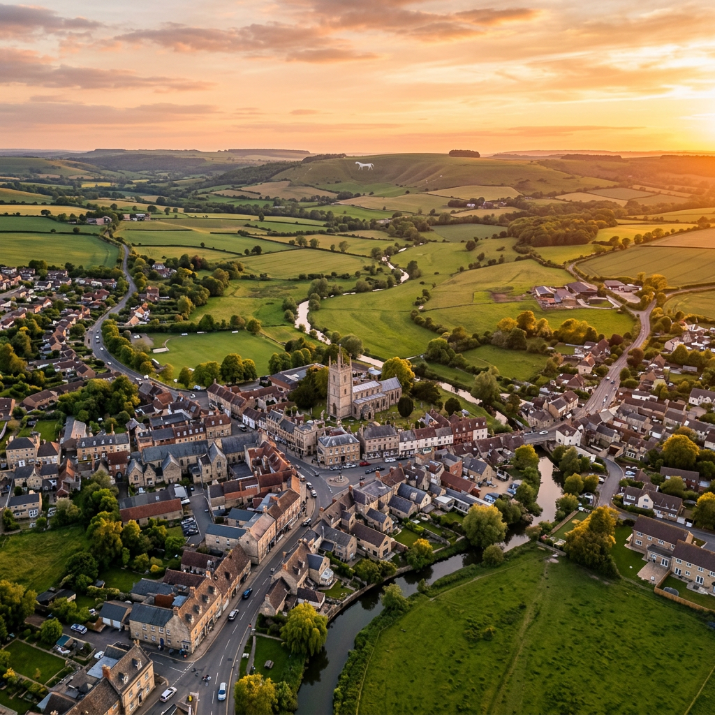 Aerial view of Calne, Wiltshire at golden hour
