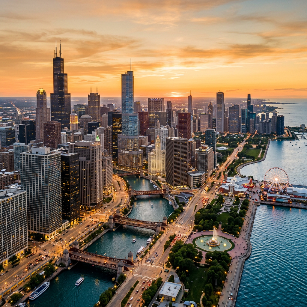 Aerial view of Chicago Illinois lakefront skyline and Lake Michigan at golden hour