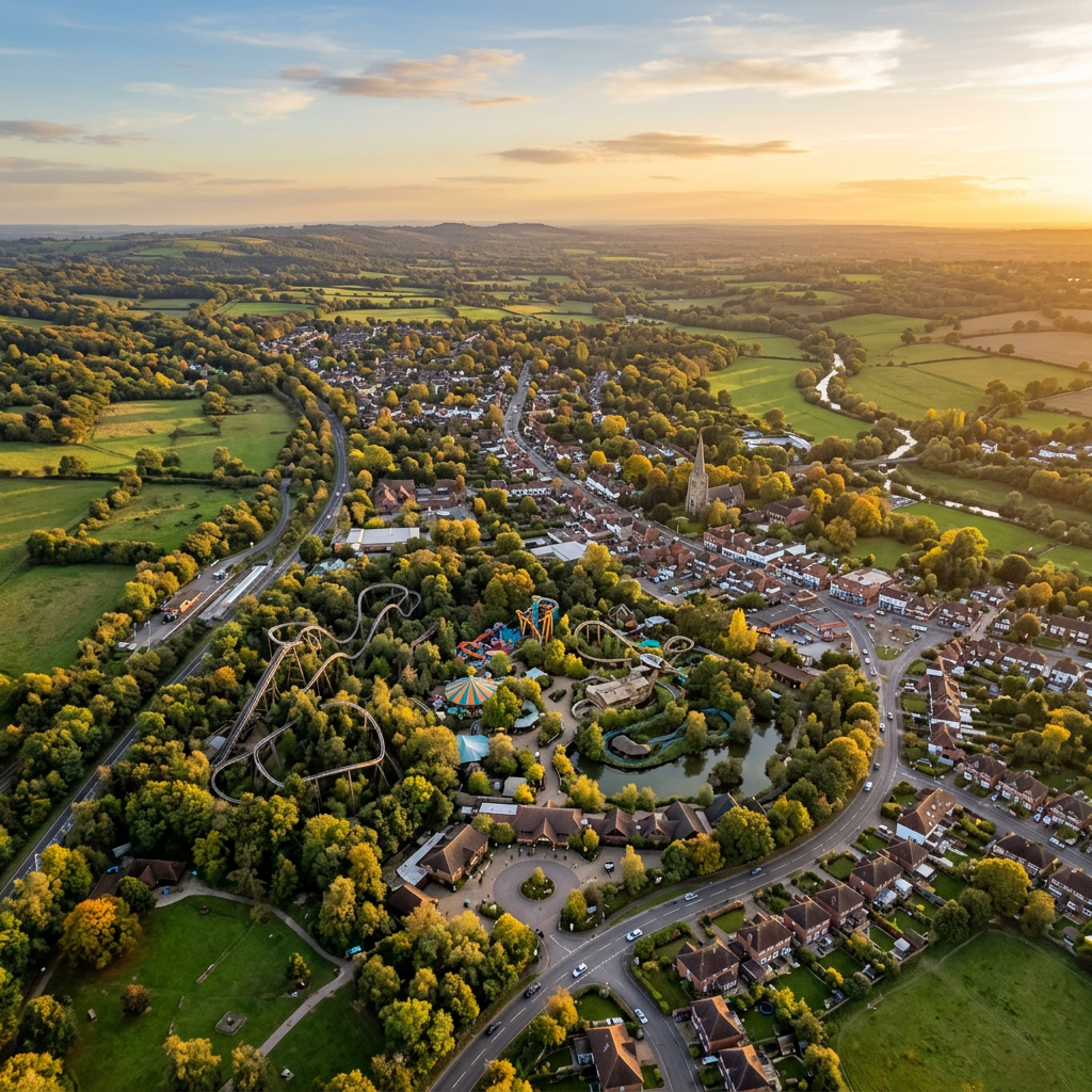 Aerial view of Chessington, Surrey at golden hour