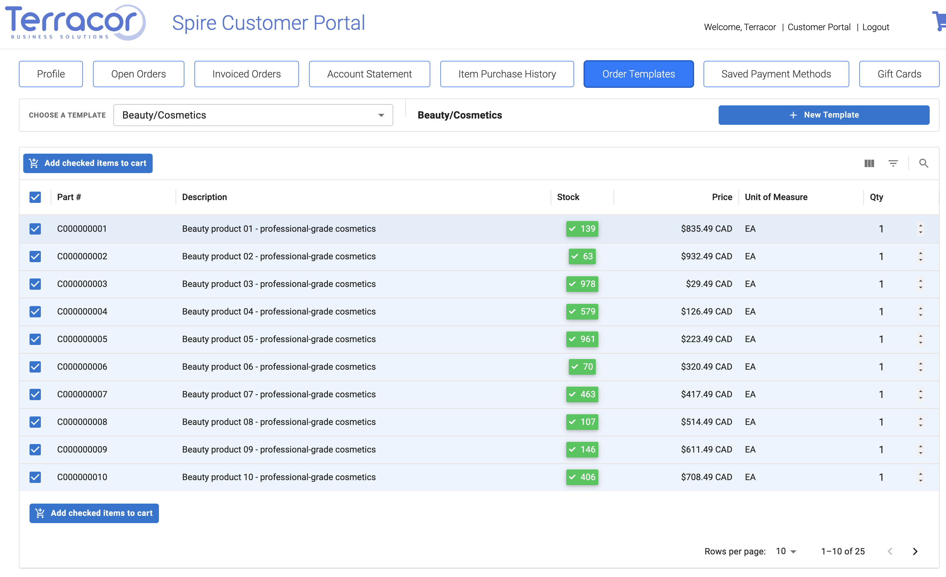 Customer ordering screen with order templates, product pricing, inventory and quick add-to-cart actions.
