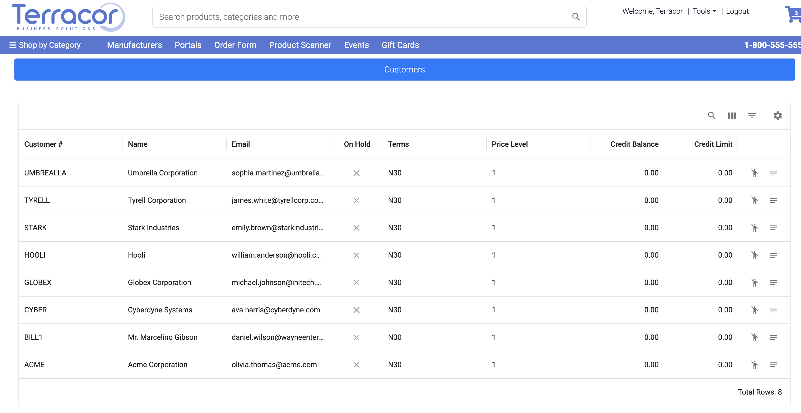 Sales customer selection view with account visibility, customer details and credit information.