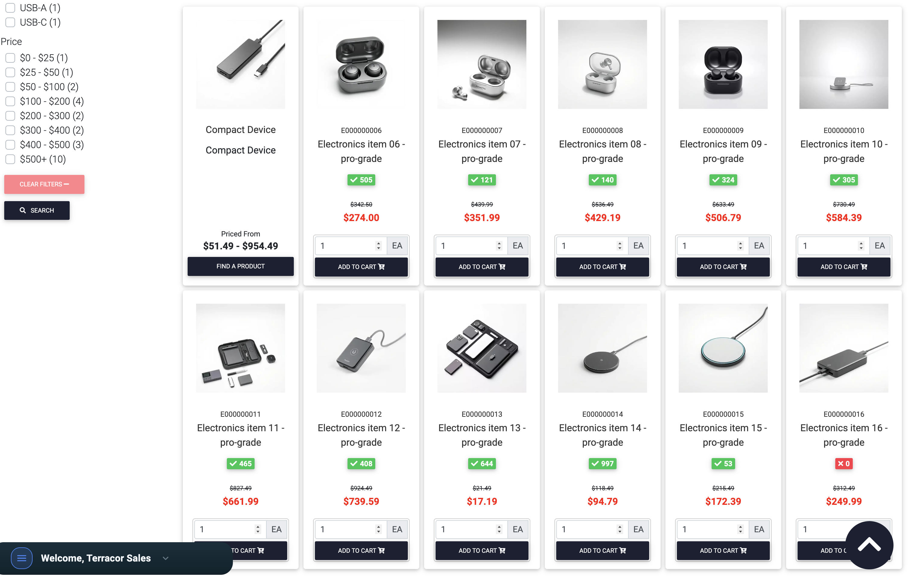 Sales catalogue view with product access, inventory visibility and customer-specific pricing.