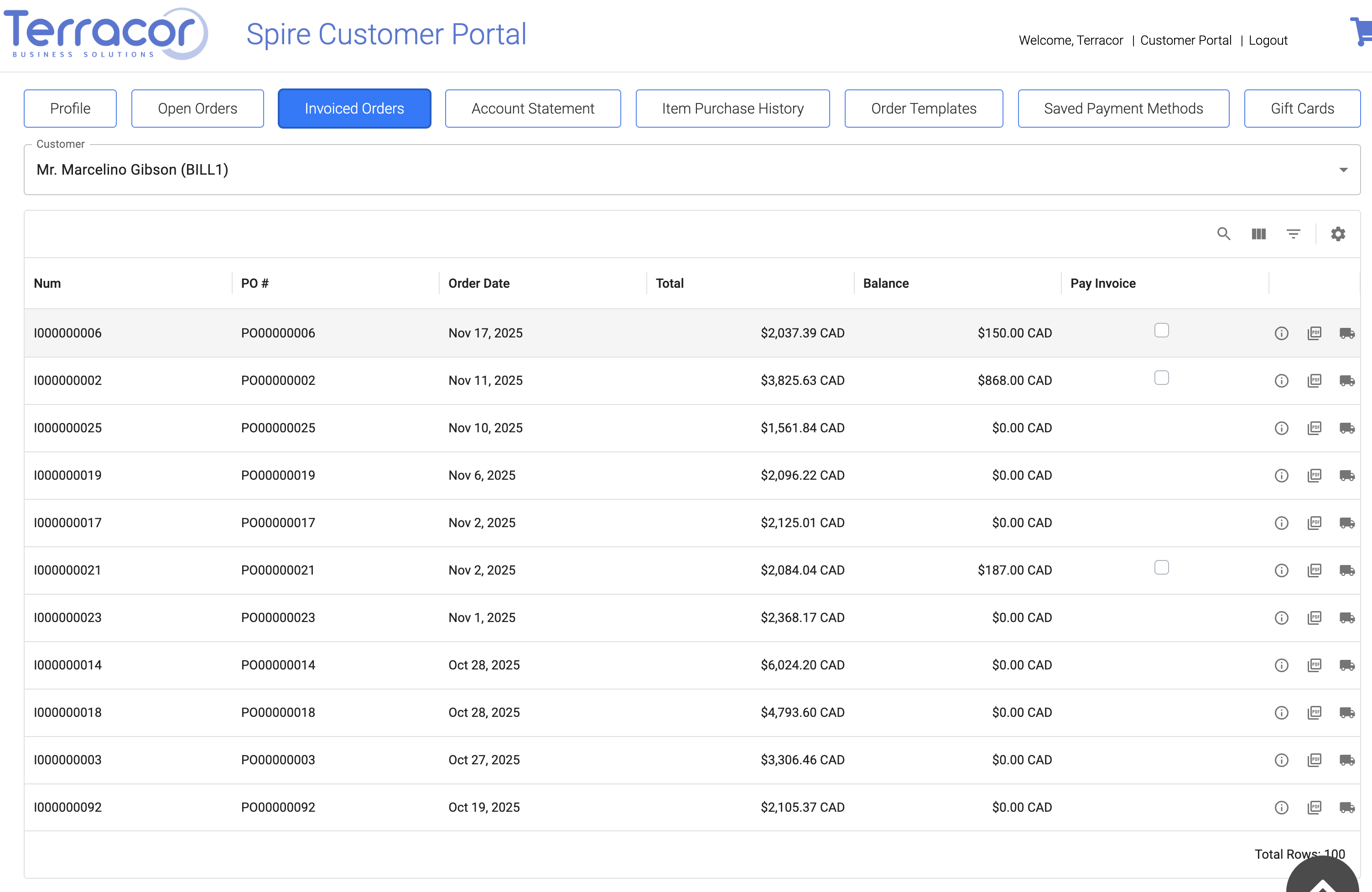 Customer invoiced order history with balance visibility and payment-related actions.