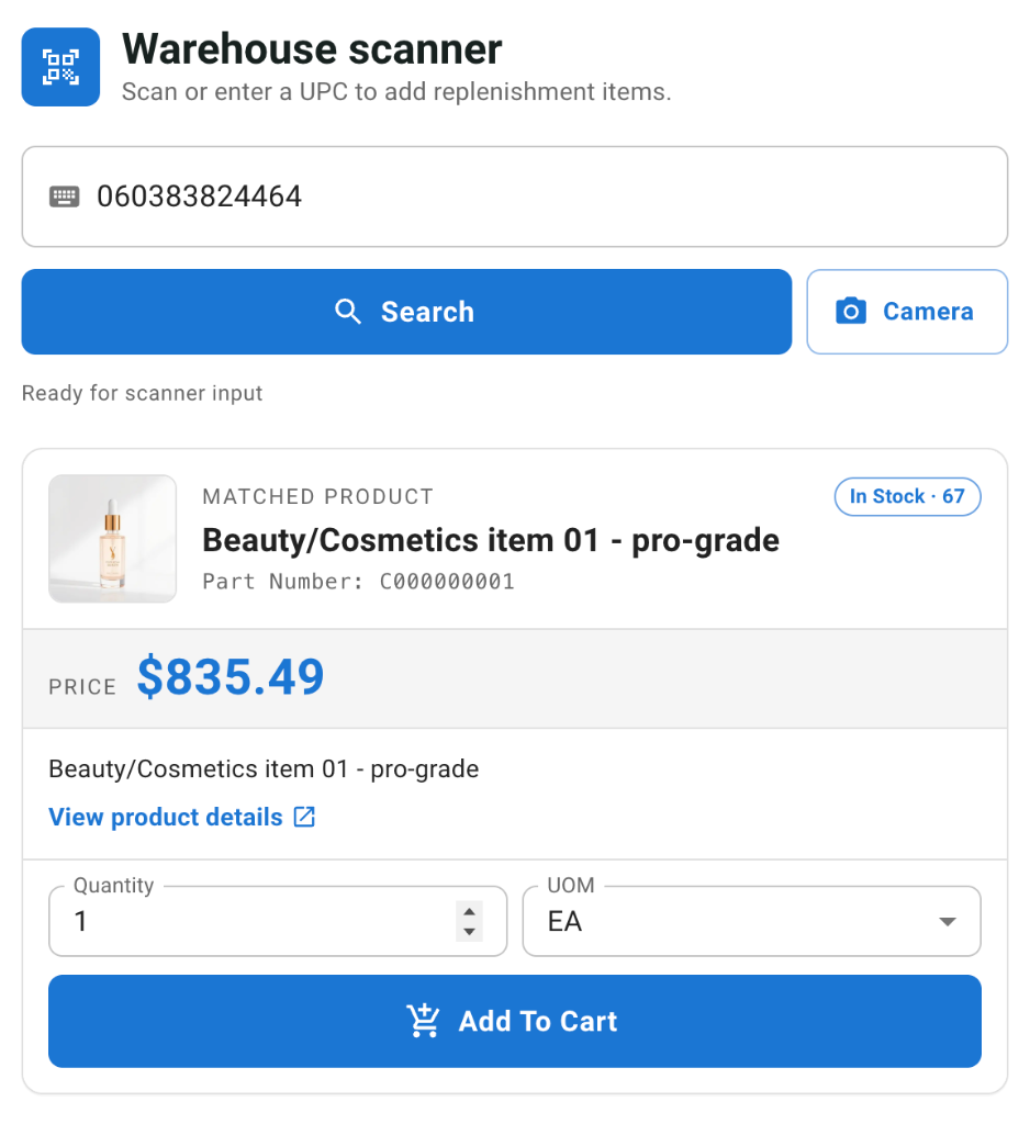 Product Scanner interface showing barcode search, camera scanning, product details, and add to cart