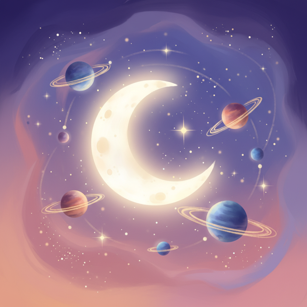 A glowing crescent moon with planets and stars in soft twilight colors