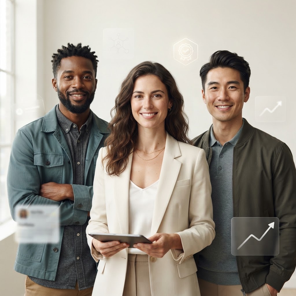 Three diverse technology professionals smiling together, led by a woman