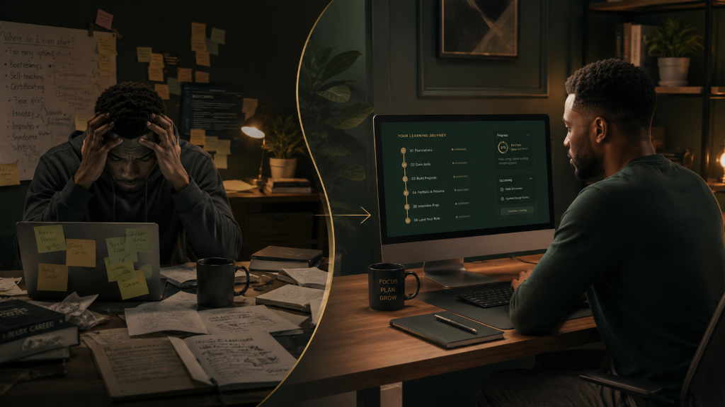 From confusion to clarity — a learner moving past overwhelm into a focused study setup