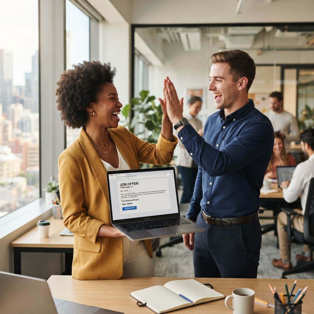 Two excited professionals celebrating a new job offer
