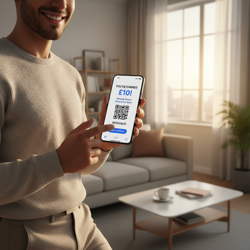 Person sharing a referral code on smartphone earning cash rewards UK 2026