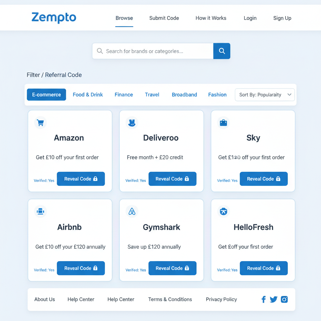 Zempto referral code platform UK - browse verified referral codes by category