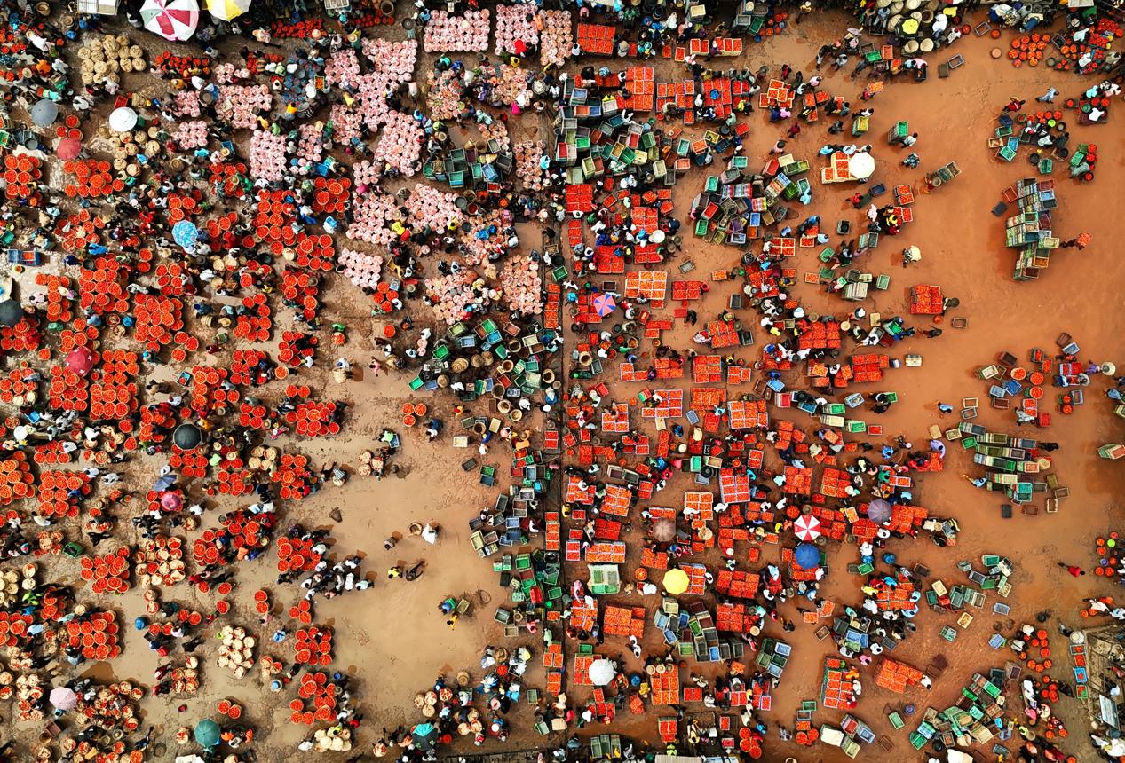 Aerial view of produce trading at a Lagos market.