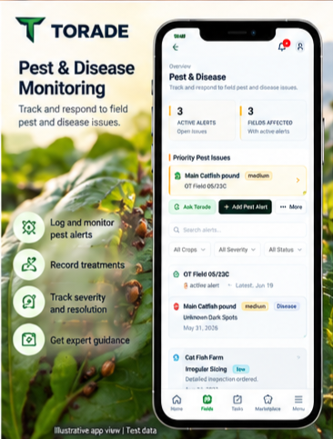 Illustrative app view: phone showing the Torade pest and disease monitoring screen with active alerts (test data).
