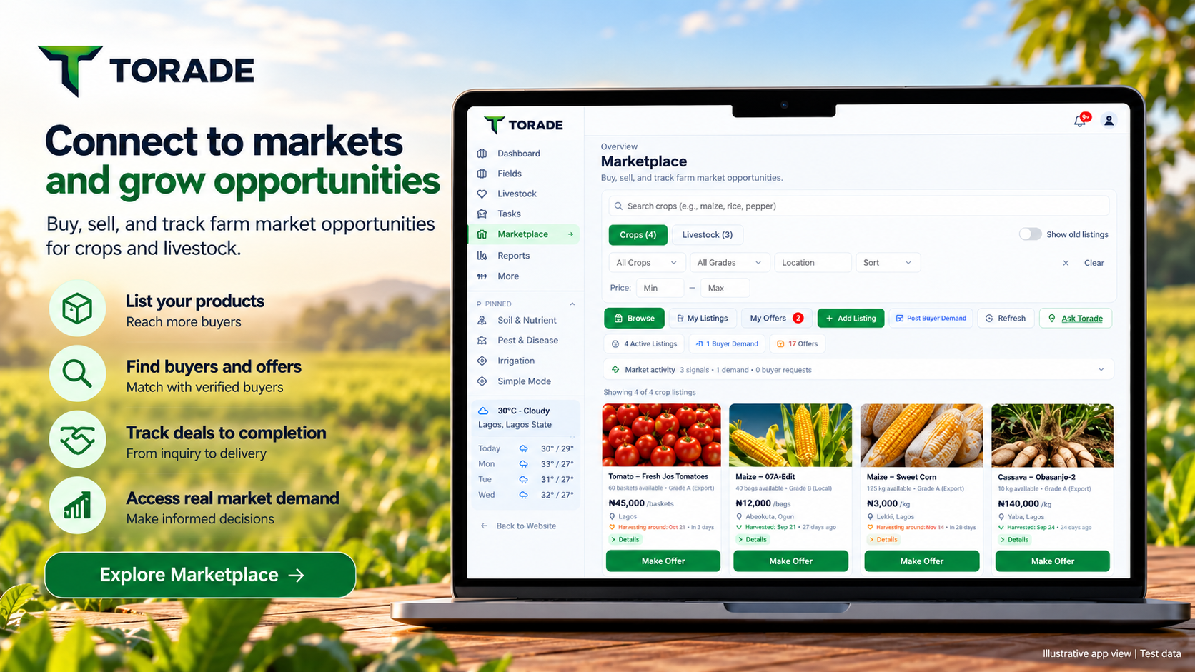 Illustrative app view: laptop on an outdoor table showing the Torade marketplace dashboard with crop listings and offers (test data).