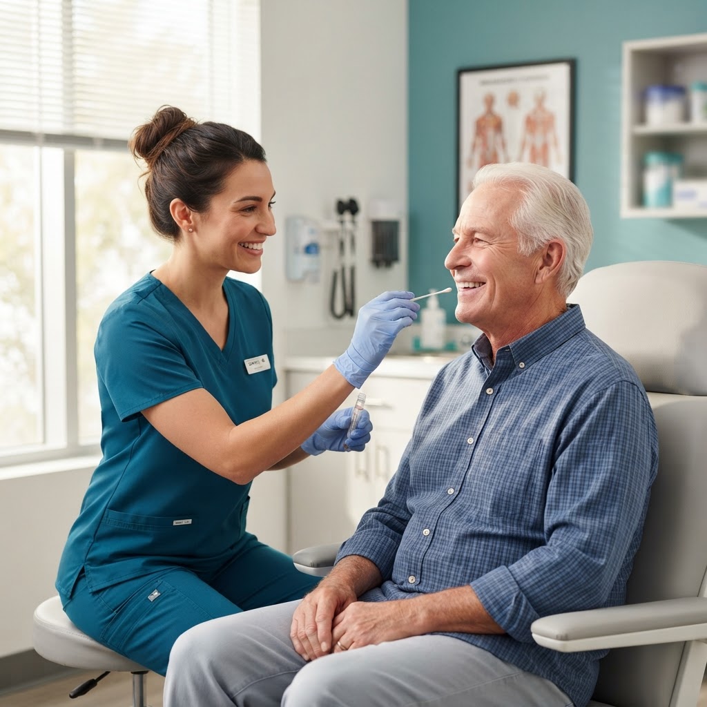 Medical professional collecting a cheek swab sample in a clinic