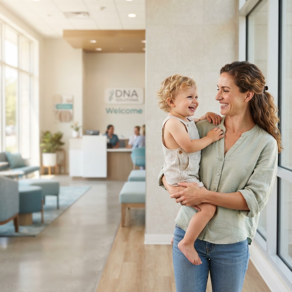 Mother holding her child at our DNA testing clinic