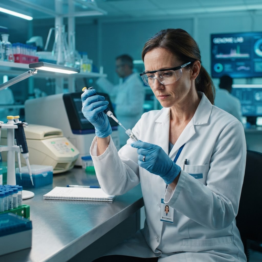 Scientist analyzing DNA samples in an accredited laboratory