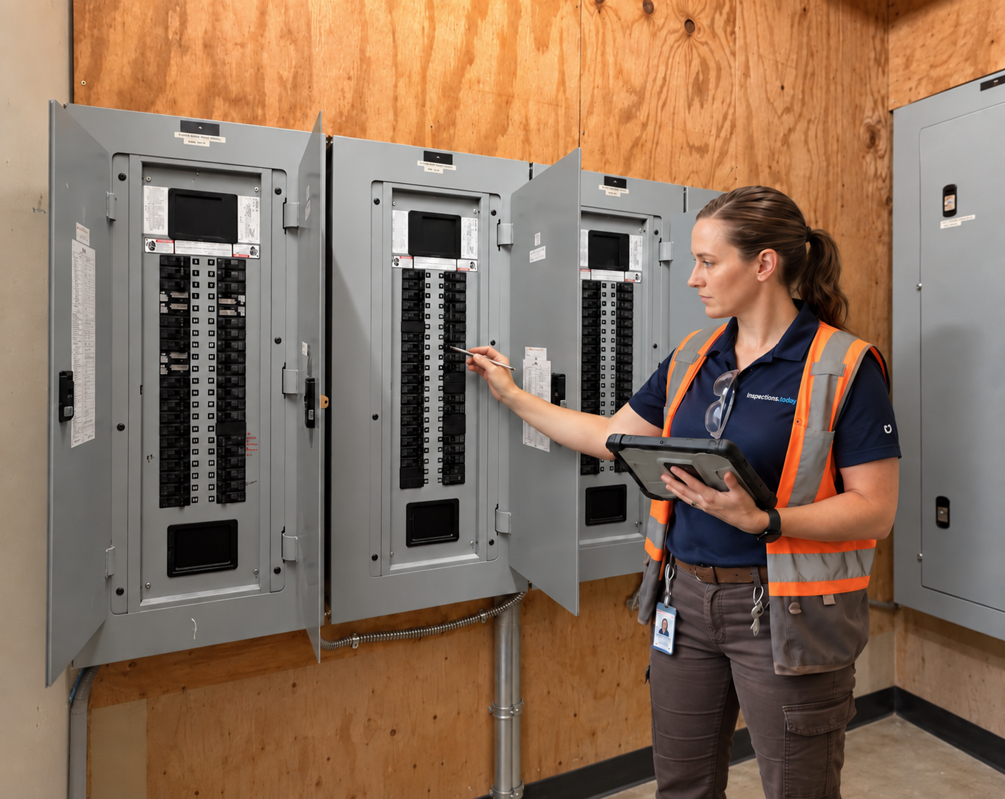 Inspector in a high-visibility vest pointing out a breaker in a commercial electrical panel while holding a tablet