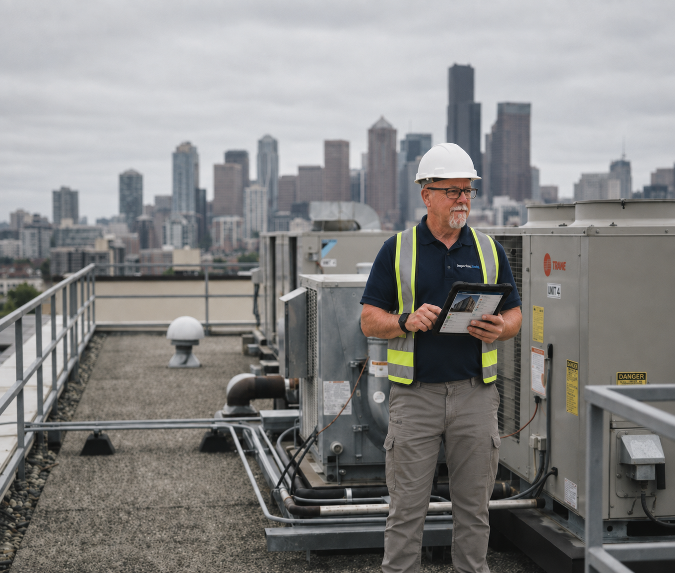 Commercial property inspector in a hard hat standing on a commercial rooftop with HVAC equipment and a city skyline