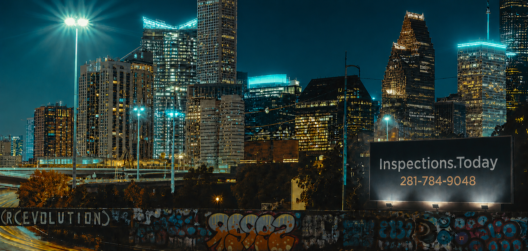 Downtown Houston skyline at night with an illuminated Inspections.Today billboard