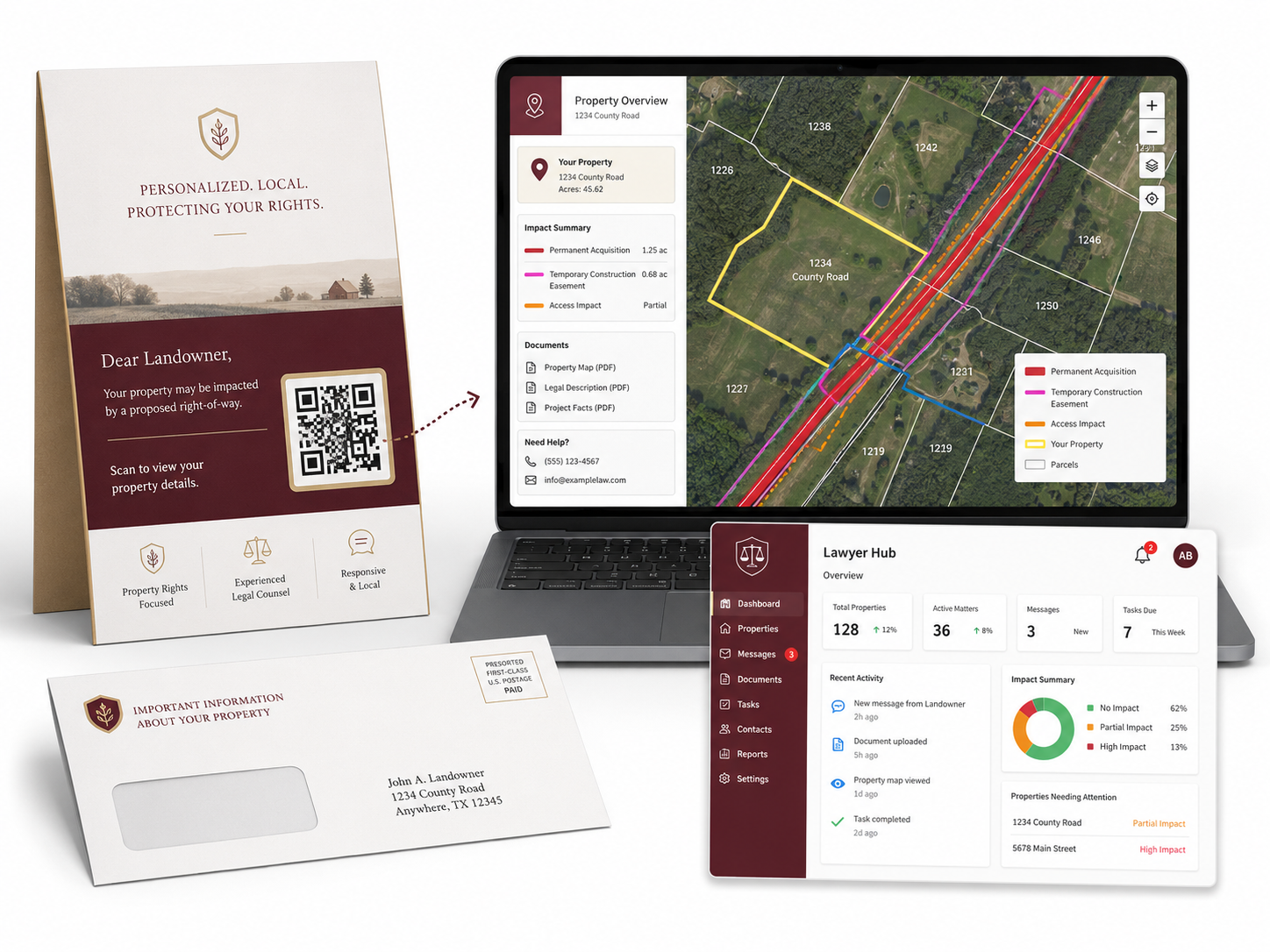 Process flow from construction projects to legal representation showing data research, mapping, outreach, and successful client outcomes