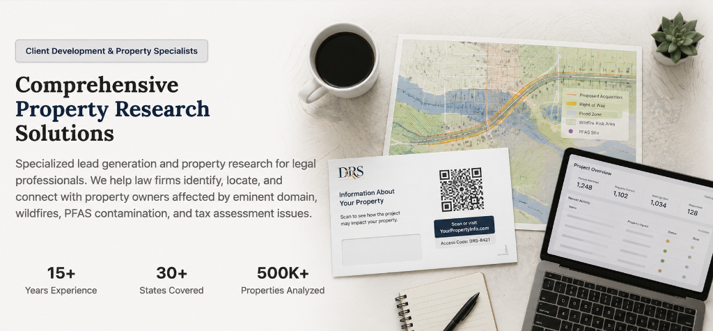 Data Research Solutions — property research workspace with maps, mailers, and project dashboard