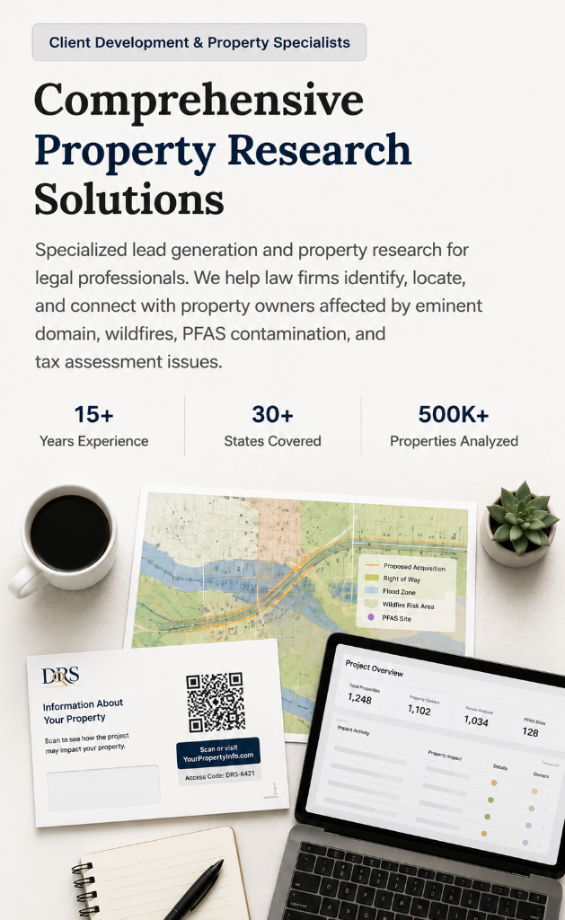 Data Research Solutions — property research workspace with maps, mailers, and project dashboard