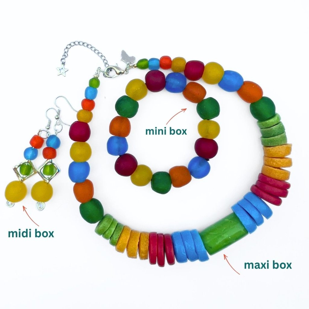 Beads from African Bead Box showing mini, midi, and maxi box contents