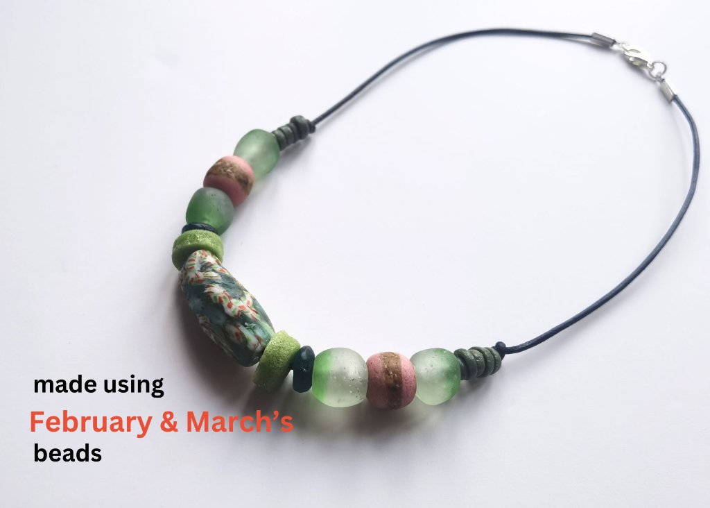 Green and pink necklace made using February and March beads from the African Bead Box