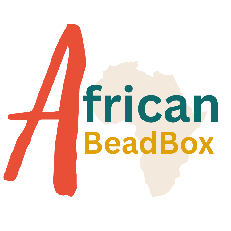 The African Bead Box Logo is a large A over a pale drawing of Africa. The A sits over Ghana.