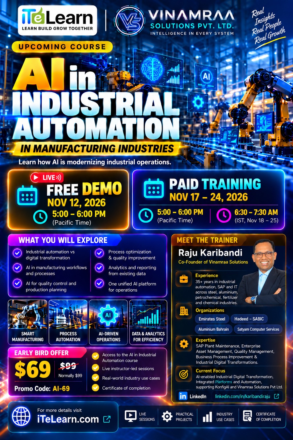 AI in Industrial Automation - course flyer with free demo, paid training Nov 17-24 2026, curriculum highlights, trainer Raju Karibandi, and early bird offer $69 with promo code AI-69