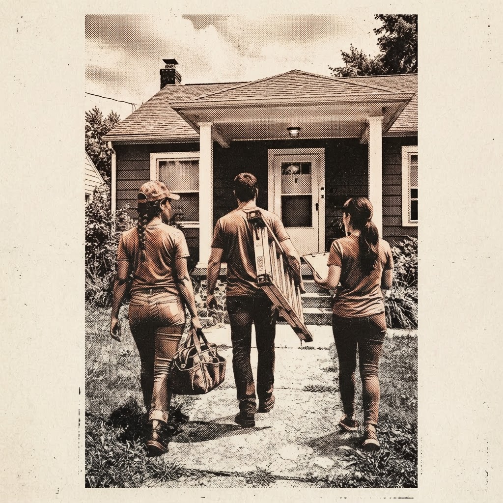 A diverse crew of tradespeople walking together toward a home