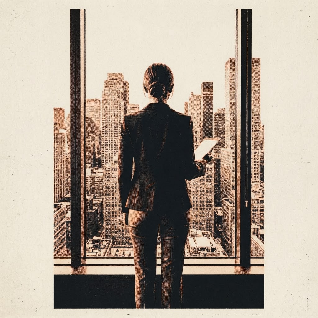 A property manager looking out over a city skyline