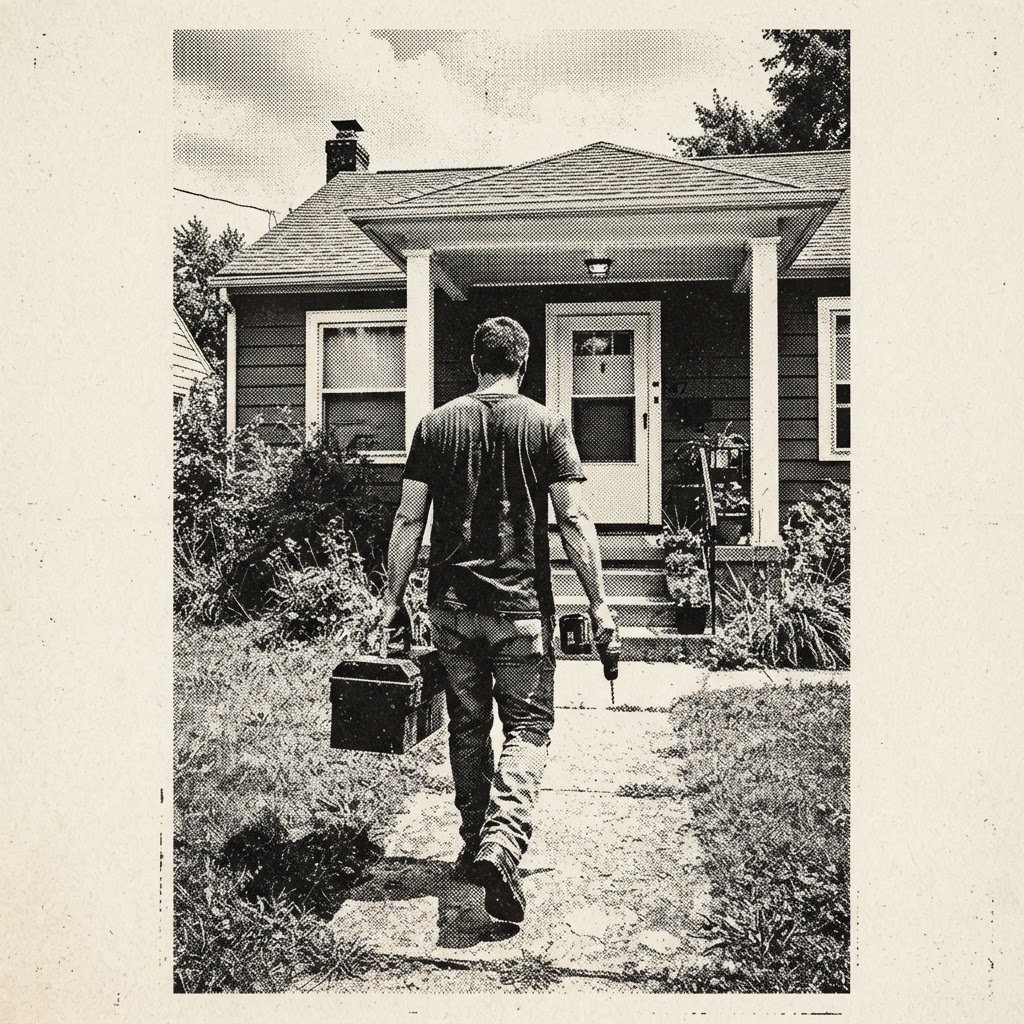A tradesman walking up to a home with tools in hand