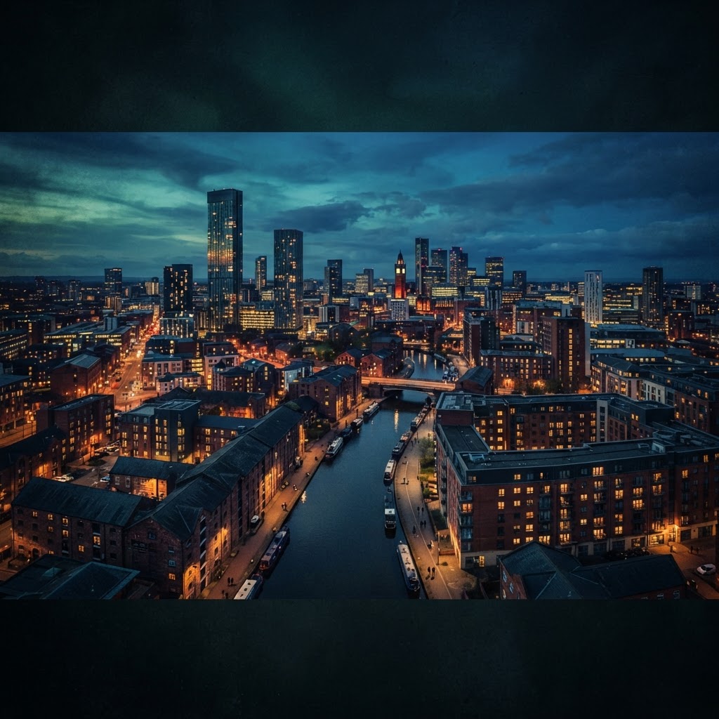Manchester property skyline at blue hour