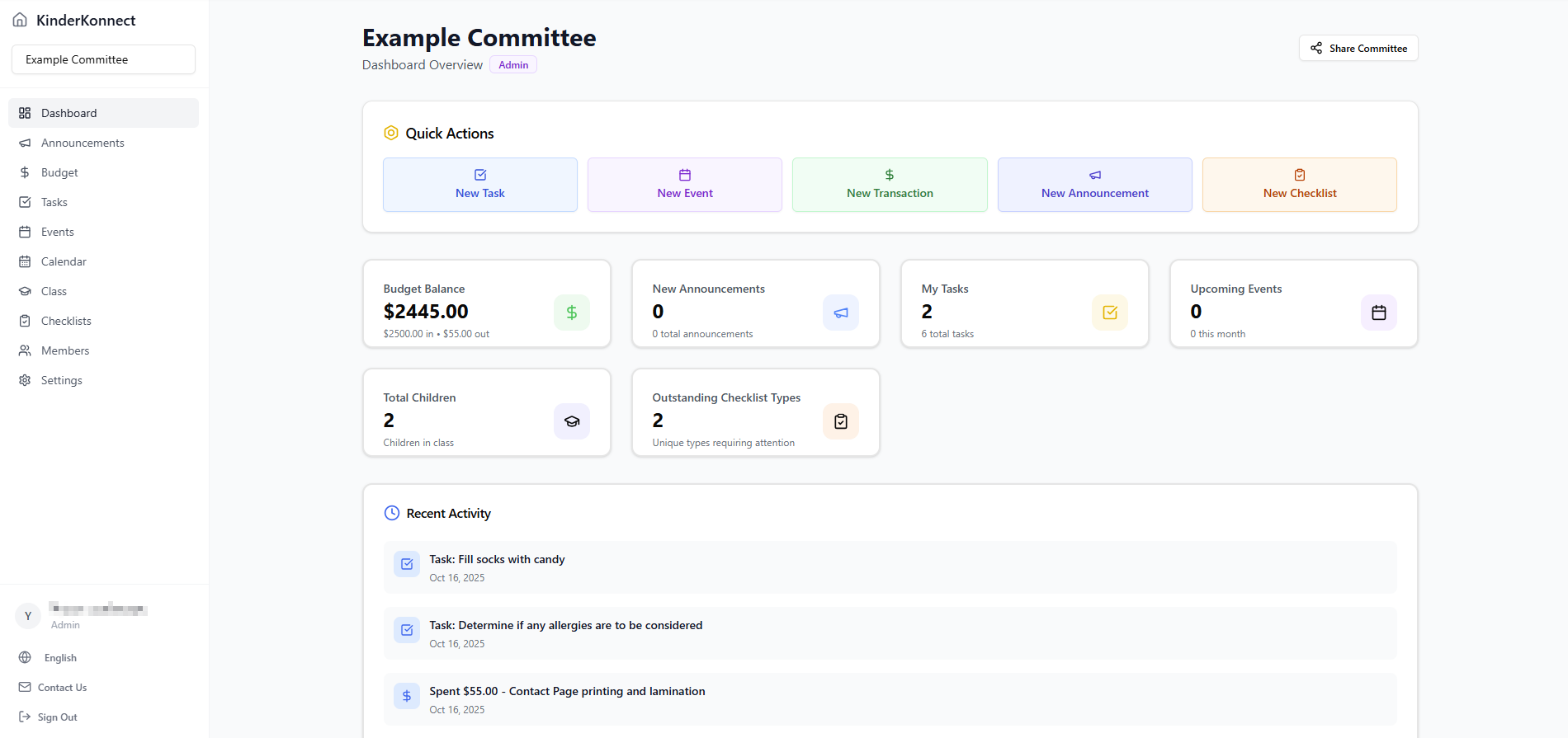 KinderKonnect dashboard