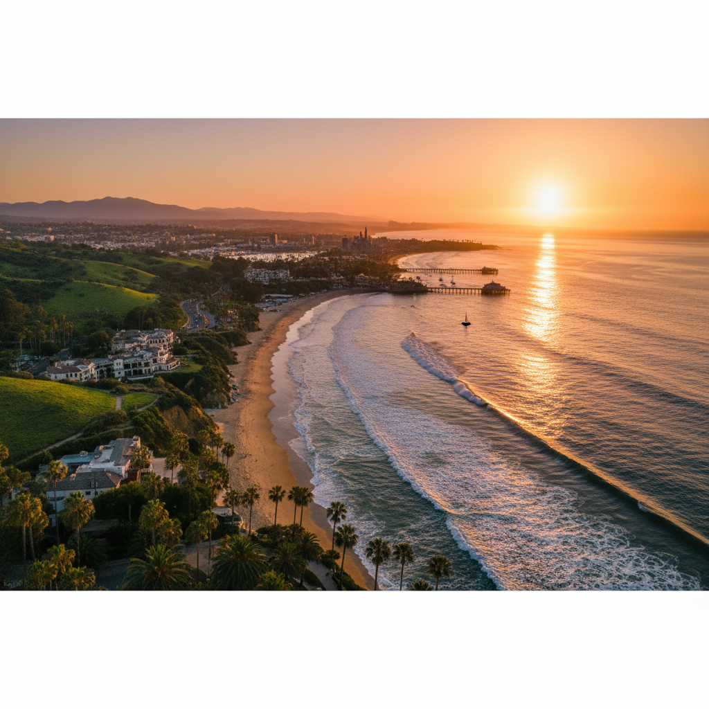 Orange County coastline, sunset over the Pacific, with Disneyland in the distance