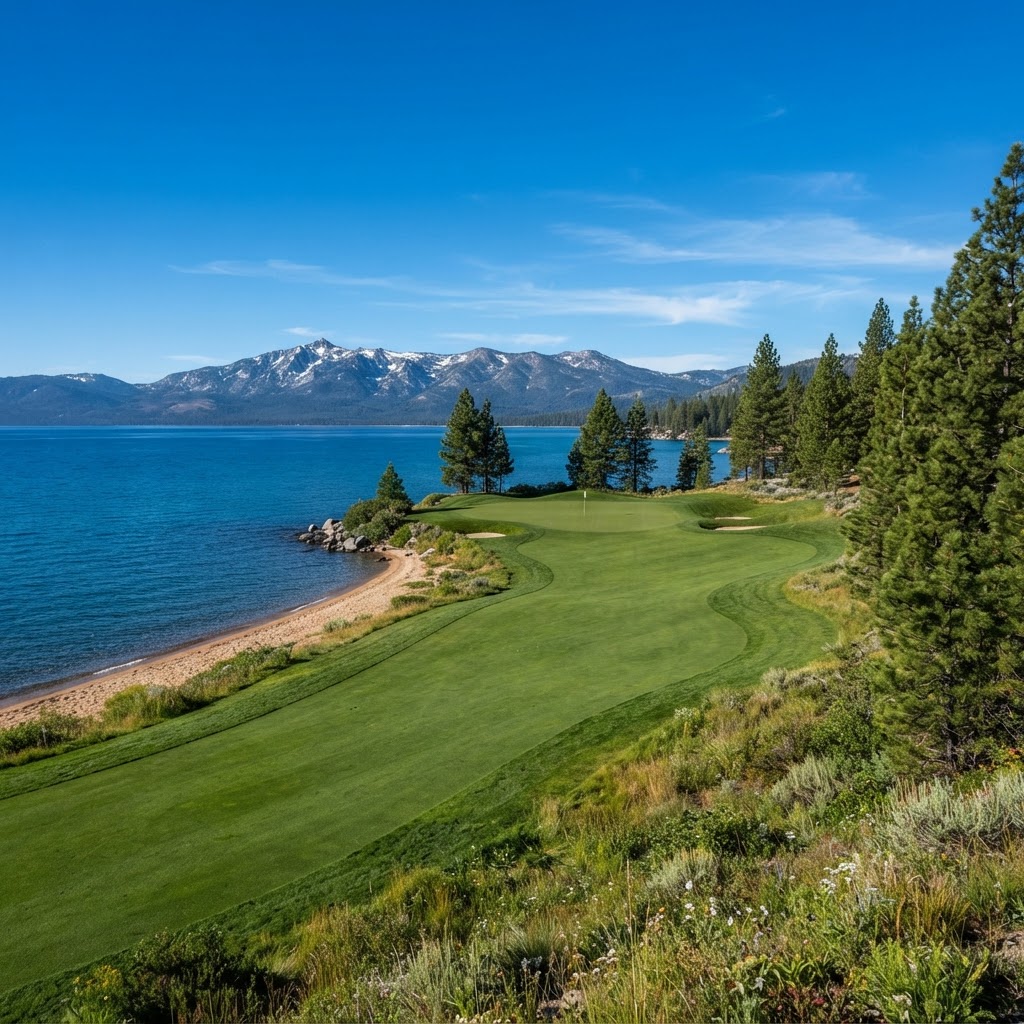 Pine-lined fairway at Edgewood Tahoe Golf Course — Resort golf course in Stateline, NV