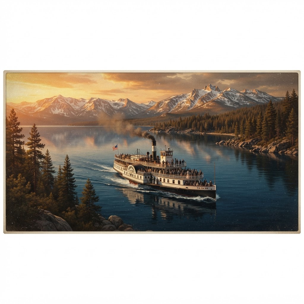 The steamship SS Tahoe crossing Lake Tahoe circa 1900 with the Sierra Nevada behind