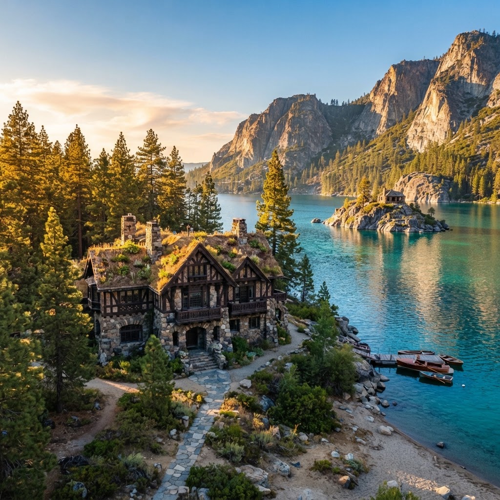 Vikingsholm Castle — A National Historic Landmark-caliber estate inside Emerald Bay State Park; Fannette Island's stone teahouse — the lake's only island — was part of the property.