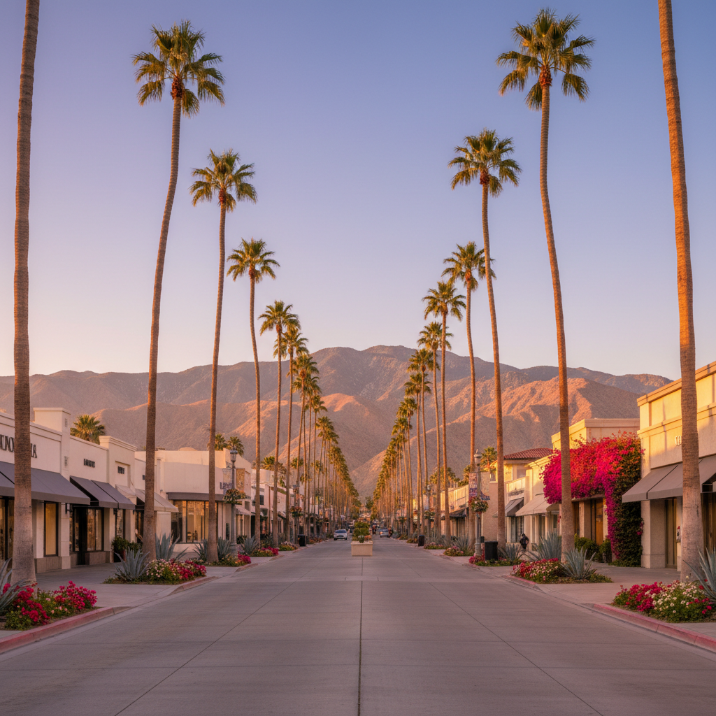 Coachella Valley palm-lined shopping district at golden hour