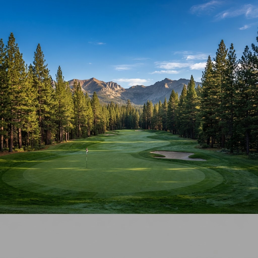 Pine-lined fairway at Tahoe Paradise Golf Course — Public golf course in Meyers