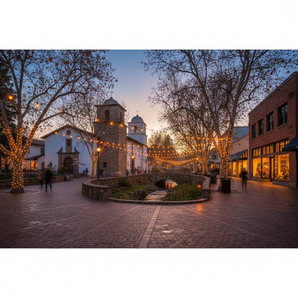 Downtown San Luis Obispo and Mission Plaza at dusk