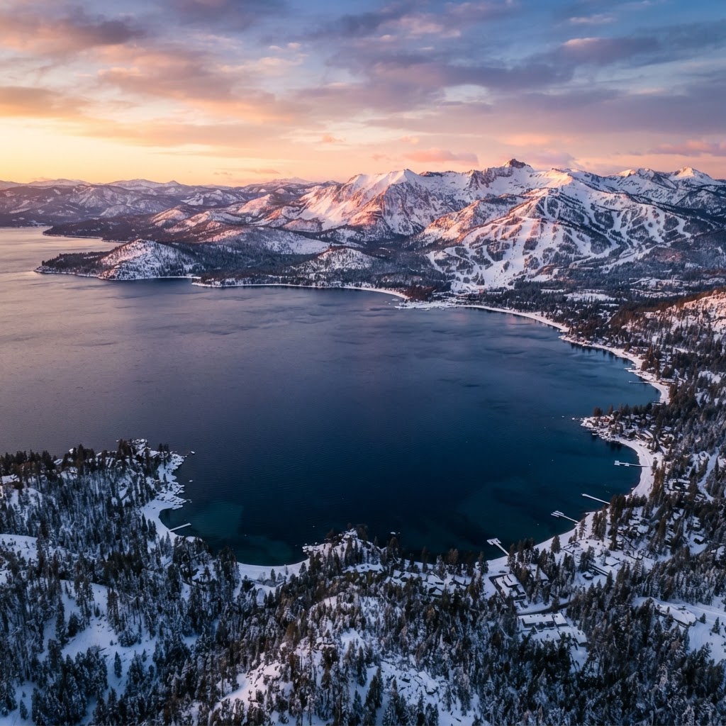 Lake Tahoe in winter surrounded by snow-covered Sierra peaks