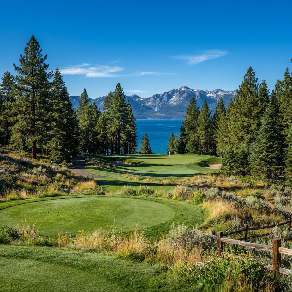 Pine-lined fairway at Glenbrook Golf Course — Private golf course in Glenbrook, NV