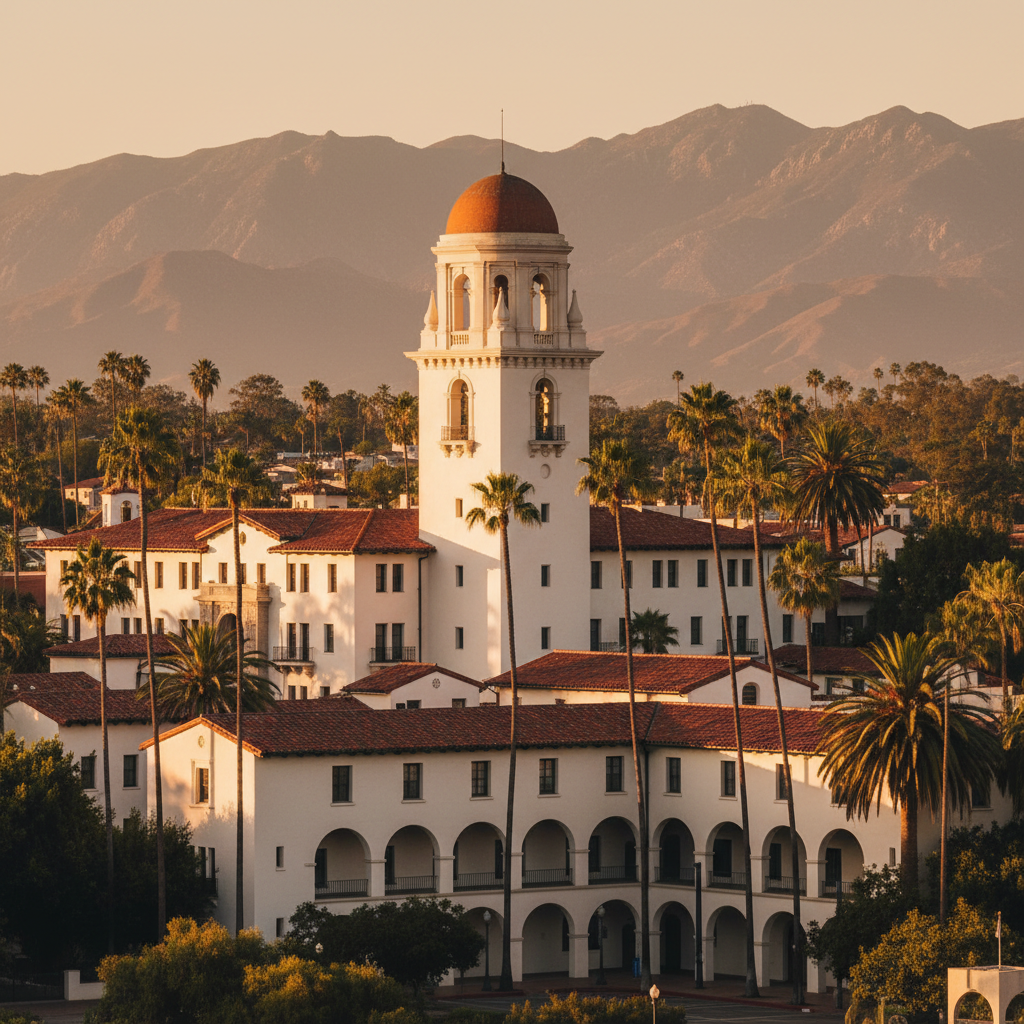 Historic downtown Santa Barbara with the County Courthouse tower, red tile roofs, and the Santa Ynez Mountains